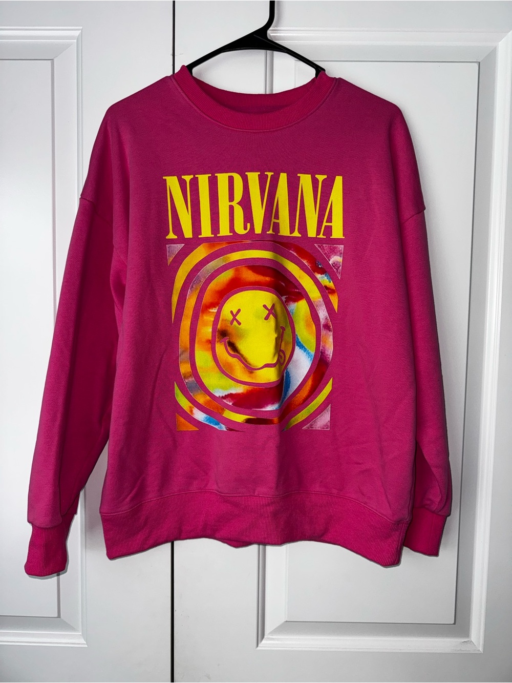 Hot Pink Crewneck with Multicolor Smiley Graphic